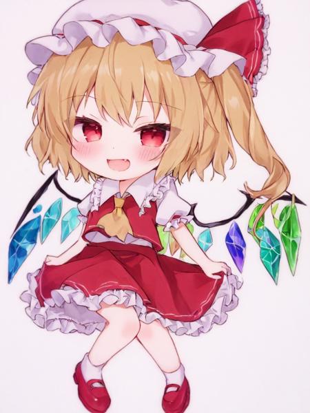 <lora:èå°æµé²:1>,1girl, flandre_scarlet, blonde_hair, solo, wings, hat, red_vest, white_headwear, mob_cap, short_sleeves, ascot, yellow_ascot, red_ribbon, shirt, puffy_short_sleeves, white_shirt, puffy_sleeves, red_skirt, skirt, vest, white_background, closed_mouth, ribbon, red_eyes, hat_ribbon, fang, ribbon-trimmed_headwear, simple_background, frills, crystal, laevatein_\(touhou\), chibi, looking_at_viewer, multicolored_wings, collared_shirt, ribbon_trim, v-shaped_eyebrows, jewelry, blush, smile, red_footwear, frilled_skirt, bow, full_body, short_hair, medium_hair, fang_out, side_ponytail, frilled_shirt_collar, one_side_up