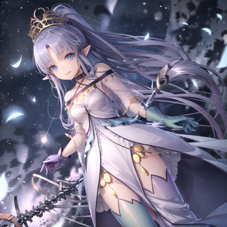Medea_Lily a close up view showing a character  with long blue hair, 1girl, solo, pointy ears, long hair, gloves, thighhighs, blue eyes, staff, ponytail, dress,