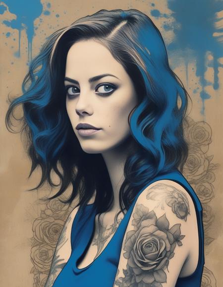 KayaScodelario,<lora:KayaScodelarioSDXL:1>,an illustration of a girl with tattoos on a grunge background, in the style of bo chen, bold graphic comic book art, dark beige and blue, raymond leech, 32k uhd, ai weiwei, bold posters