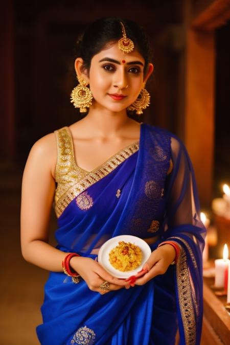 high quality photo of a 28-year-old shivake woman in lavni saree,indian jwelary, holding Plate of worship, temple in background, bokeh background, detailed face, sharp focus on face,<lora:shivake:1>