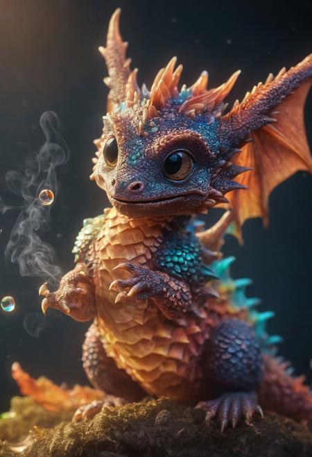 16k, photorealistic, ultra sharp, ultra detail, ultra intricate ultra cute baby dragon , magic spells, innocent, fantasy, refraction, smoke, ray tracing, vibrant colors, cinematic,