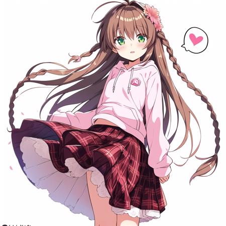 masterpiece,best quality,extremely detailed,illustration, (solo),
1girl,(long twin braids),((twin braids)),long hair, hair ornament, green eyes, brown hair, hair flower,((hair flower on head both sides)),ahoge,
(lightpink hoodie),(long skirt),(red plaid skirt),(young girl),spoken heart,blush,high light in eyes,(arms behind back),facing viewer, (straight on),
cherry blossoms,blue sky, sky, outdoors,petals,(sunset), tree,wind, bangs, <lora:kotori:0.8>,kotori,
[(white background:1.5)::5], (bottle bottom:0.9), 1 girl, mid shot, full body, Depth of field, illustration,