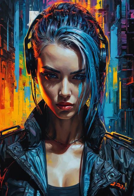 Centered, Incredibly Detailed Accurate Picture Of  A Cyberpunk woman (someone Famous), vibrant colors, clean oil ink airbrush painting illustration, pallet knife effect
