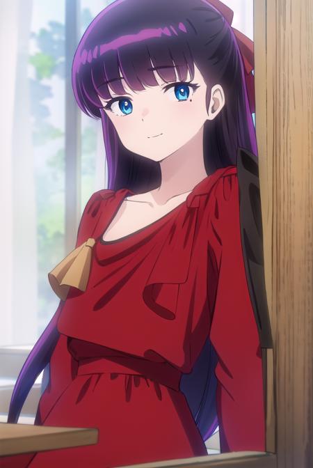 ryoukomendou, <lora:ryouko mendou s1-lora-nochekaiser:1>,
ryouko mendou, long hair, blue eyes, purple hair, bow, hair bow, mole, mole under eye, smile,
BREAK dress, red dress, collarbone, long sleeves,
BREAK indoors, classroom,
BREAK looking at viewer, (cowboy shot:1.5),
BREAK <lyco:GoodHands-beta2:1>, (masterpiece:1.2), best quality, high resolution, unity 8k wallpaper, (illustration:0.8), (beautiful detailed eyes:1.6), extremely detailed face, perfect lighting, extremely detailed CG, (perfect hands, perfect anatomy),