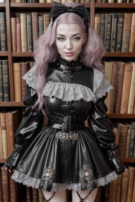 4K, Masterpiece, highres, absurdres, 18yo GothGal, pale skin, grey eyes, woman wearing a GothGal outfit, 
wearing a faux leather mini dress, , platform sneakers, cameo brooch, lace gloves, , PVC leggings, double-buckled belt, , , in a Vintage library with dust-covered books
lower body focus, front picture,
<lora:edgGothGarterbelt:0.77>