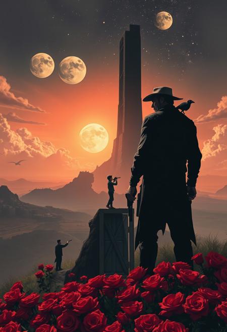 A weathered gunslinger stands atop a windswept hill, his face etched with determination. He gazes at a looming, impossibly tall dark tower in the distance, its obsidian surface shimmering with otherworldly energy. The tower pierces a sky where multiple worlds bleed together - a waning sun, two moons, and unfamiliar constellations vie for dominance.
The gunslinger's shadow stretches behind him, morphing into silhouettes of his ka-tet: a young boy, a wheelchair-bound woman, and a man in a sharp suit. Surrounding the hill, reality fractures into a patchwork of diverse landscapes: a post-apocalyptic wasteland, a lush jungle, a gleaming city, and an ancient desert.
In the foreground, a field of roses contrasts vibrant crimson against the muted tones of the hill. A single door stands ajar amidst the flowers, offering a glimpse of yet another world. Perched atop the door, a crimson-eyed raven watches the scene unfold.
The gunslinger's hand rests on the sandalwood grip of an ancient revolver, its barrel forged from the metal of Excalibur. A horn hangs at his hip, hinting at a cycle renewed. In the distance, a monorail train snakes through the fragmenting realities, while a blood-red sun sets behind the tower, casting long shadows across all worlds.