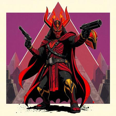 "A vintage Star Wars poster-style Horus the Black Flame Deity, anthro figure in dynamic action pose: blaster in right hand, red-black-gold helmet in left. Bold retro comic outlines, halftone textures, splatter effects, and stark Triamid Fortress geometric background. Color scheme: fiery red, matte black, gold accents, violet undertones. Stylized with Ralph McQuarrie-inspired concept art, retro-futuristic detailing, and dramatic shadows. Hyper-realistic textures, cinematic Unreal Engine 5 lighting, Octane Render gloss. Matte painting composition, trending on ArtStation, 8k HDR, golden ratio framing, isometric angle. Exaggerated proportions, vivid emotions, powerful stance. Retro-futuristic blend of 1970s sci-fi aesthetics and modern hyper-detailed CGI."