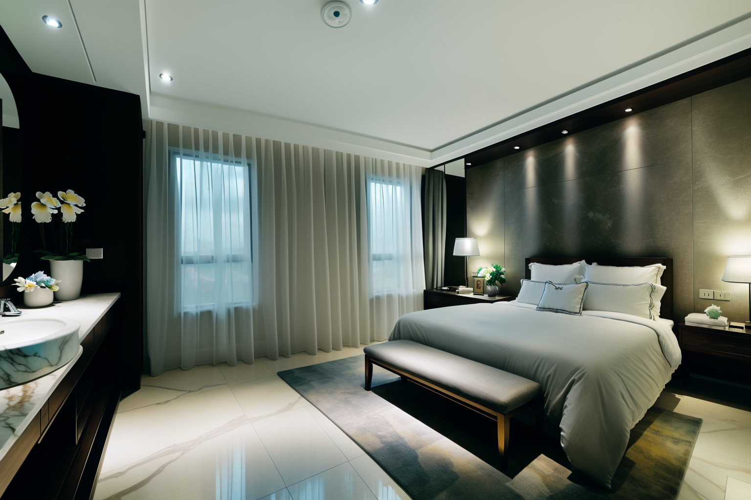 <lora:JJsBedroom:.7>((best quality)),((masterpiece)),((realistic)), , photorealistic, sky, dslr, RAW photo ,authentic, soft lighting,film grain, Fujifilm XT3 , (((Bedroom))) ,indoor scenery, reflection ,wall ,rug , lamp, flower, vase , ,ceiling , plant, window , curtain, faucet, marble floor, ceiling light,petals  on water,towel, ceiling light,