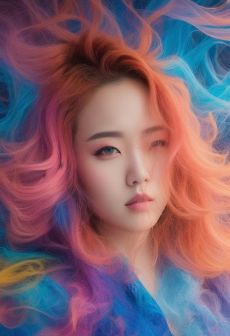 (yuqi:1.4), (masterpiece), close up digital portait of a woman (yuqi), cinematic, dramatic, detailed, vivid, art by dgtlv2, colorful, smoke background, fire hair, hair volume, <lora:yuqi_v10:0.7>,