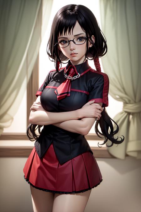 (masterpiece, best quality:1.2), <lyco:blood-c_kisaragi-10:0.9>, cowboy shot, solo, 1girl, kisaragi saya, expressionless, closed mouth, looking at viewer, crossed arms, twintails, glasses, school uniform, red skirt