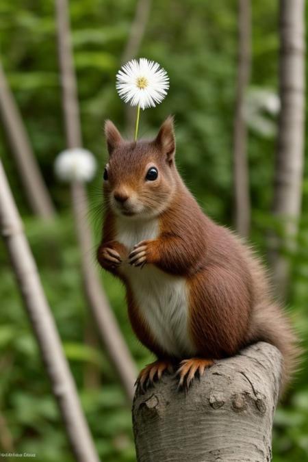 An adorable fluffy greyish-red squirrel stretches from a birch tree trunk, reaching out to touch a delicate white dandelion seed head, against a soft-focus green background, a gentle interaction of wildlife, <lora:MJ52:0.4>, <lora:SDXLFaeTastic2400:0.3>
