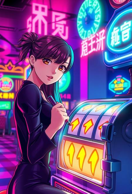 /imagine prompt: In a neon-lit casino, vibrant with electric energy, the walls are adorned with glowing signs in vivid pinks, blues, and greens, reminiscent of a bustling anime cityscape. At the center, an anime-styled vintage slot machine gleams under the kaleidoscope of lights. The machine’s rollers spin rapidly, then gradually slow, revealing three cartoon-style lightning bolts in perfect alignment on the reels. Each bolt is a bright yellow, pointed at both ends, with sharp, clean edges and only five points,  Seated before the machine is an attractive young woman, illustrated in a detailed anime style with large, expressive eyes, vibrant hair, and a sleek, stylish outfit that catches the ambient neon light. Her expression is a blend of excitement and determination as she grips the lever, pulling it with anticipation, her gaze locked on the glowing bolts as they line up on the rollers. The scene radiates tension and potential, captured in the dramatic, with the surrounding casino fading into a blur of colors and sounds—clinking coins, distant cheers, and the hum of machines—creating a surreal moment focused entirely on the promise of victory. --ar 16:9 --v 5 --style anime --quality 5