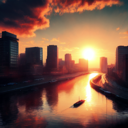 photo, the sun is setting over a river in a city (ModernCity style:1) <lora:djzModernCityV21:1>