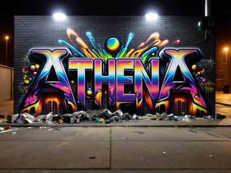 "ATHENA" text logo <lora:Harrlogos_v2.0:0.69> wildstyle 90 graffiti, thick lines <lora:ral-oilspill-sdxl:0.68> ral-oilspill, black brick wall, rubbish and piles of dirt on the floor, dim streetlight, at night