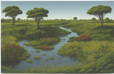 style of Roger Dean, patch ,ranch ,arboretum ,hedgerow, Wetland ,