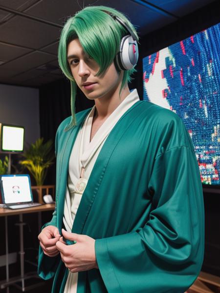 best quality, masterpiece, highres, detailed, <lora:Detail - add_detail:0.2>, JinkiV, green hair, headphones, red eyes, outdoors, cosplay convention, <lora:JinkiV-10:0.7>, 1boy, green robes, indoors, screens, sci-fi, hair over eyes, green clothing, cosplay, wig,