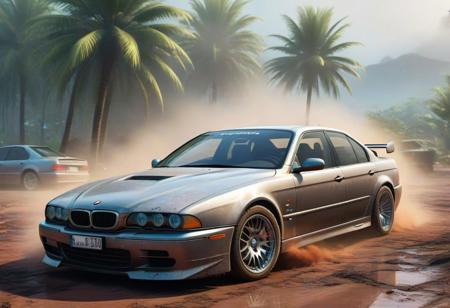 BMW e39 3, scratches, rainbow dust, fog, dirt, very beautiful, car on the island, by the fire, against the backdrop of a palm tree, the car is covered in mud and creaks, water on the ground, 3d rendering, cyberpunk, car with an American sports cars, street racing, perfect image, vibrations, game asset , symmetrical, tuner, modified car, wide body, tram, street racing, 4k, modding culture, photorealistic, high detail, game ready, other car racing, city life