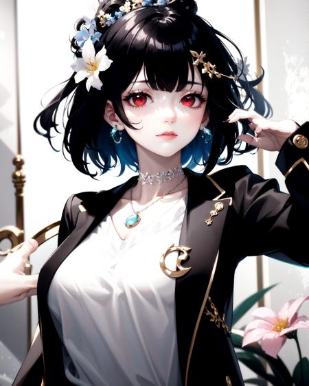 1girl,red eyes,black hair,short hair,hair ornament,looking at viewer,solo,necklace,upper body,jacket,hair flower,jewelry,closed mouth,aiming at viewer,flower,oval face,plump,glamor,