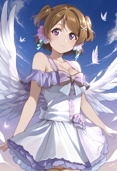 koizumi hanayo, whiteday short hair, brown hair, two side up, purple eyes, white dress, bare shoulders, cleavage, angel wings, flower, ribbon, bow barefoot, leg warmers