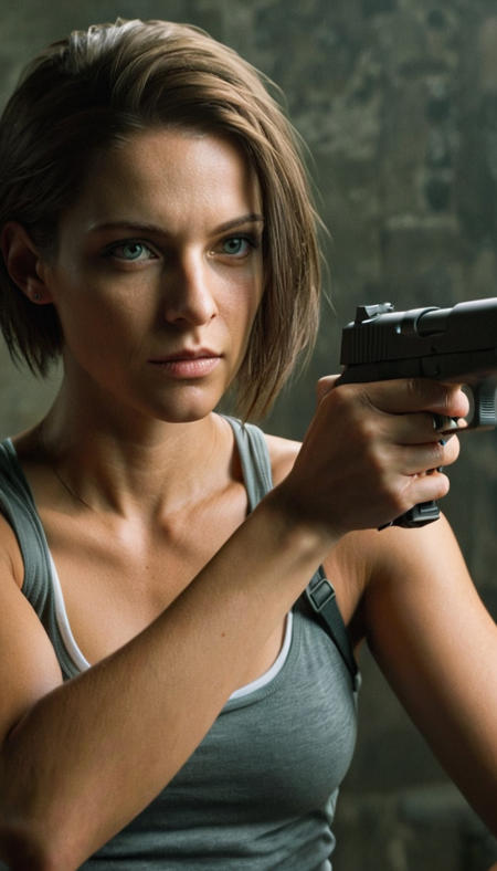 <lora:A2314E6170:0.8> half body Portrait photograph of JillRE woman with a gun, wearing tank top, photography, ultra detailed, hd, sharp focus, masterpiece