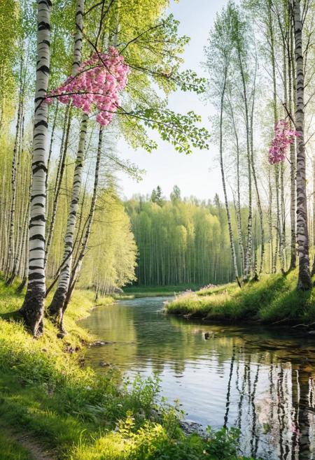 Amazing scenic view of birch forest with blooming pink flowers next to crytal clear water in river on background green trees in the morning rays of the sun, cinematic look, film, (shot on Nikon D850:1.2), <lora:add-detail-xl:1>, <lora:SDXLHighDetail:0.5>