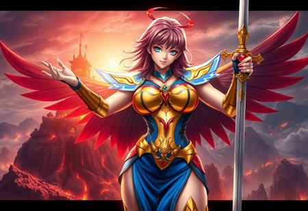 A epic details, dramatic, contemporary digital painting of Victorica, Angel of Bravery from the anime "Saint Seiya". The artwork emphasizes her bold form, featuring a voluptuous sexy, hourglass body shape, Beautiful body, Beautiful breast, clad in high-contrast blue and gold armor with red and white details. She is shown in a captivating, dynamic pose, arms reaching outwards, sword held firmly in her right hand, conveying intense warrior energy. The backdrop is a stylized, high-contrast rendering of an epic Fire Fortress atop Liang Peak, composed with Intentional Focus on the main subject. Style: Contemporary Aesthetics, reminiscent of Raphael Style dramatic lighting and form, enhanced by Houdini Style complexity and effects. Utilize Grammer Effect Style for visual impact. Focus on Impeccable Composition, Creative Angle (potentially Isometric), Well-timed Moment, Balanced Editing, Captivating Lighting. Includes Beautiful Detailed Eyes, CGSociety, Artstation Trending, Golden Ratio.