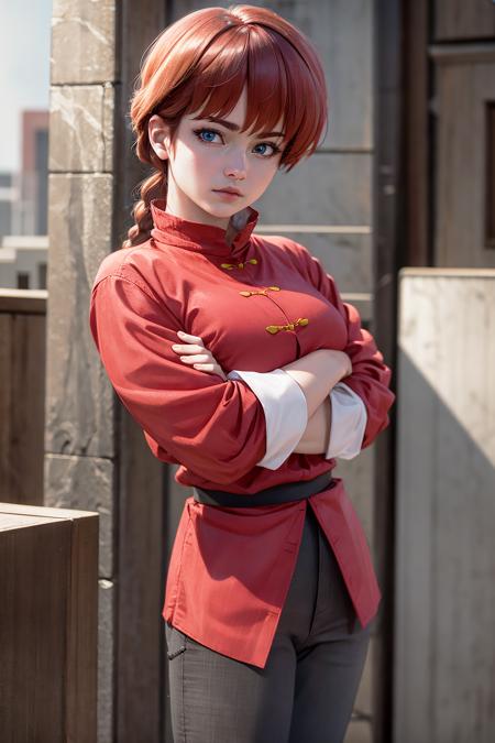 HDR, CG, sharp focus,(8k), (4k), (Masterpiece), (Best Quality), fantasy, extremely detailed, intricate, hyper detailed, (perfect face), soft lighting, (specular lighting:1.2), highres, absurdres, (realistic:1.2), (photorealistic face:1.2), ranma-chan, 1girl, solo, blue eyes, bangs, tangzhuang, braided ponytail, sleeves rolled up, black pants, black footwear, standing, sky, day, grass, crossed arms, cowboy shot