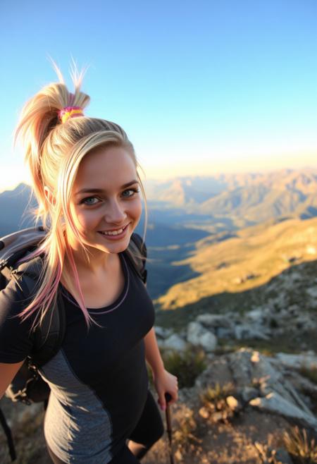 A 26-year-old athletic woman with blue eyes and long blonde hair with pink streaks, pony tail, hiking on a challenging mountain trail, with a breathtaking panoramic view of a valley below. The sun is setting, casting a warm, golden light over the peaks.