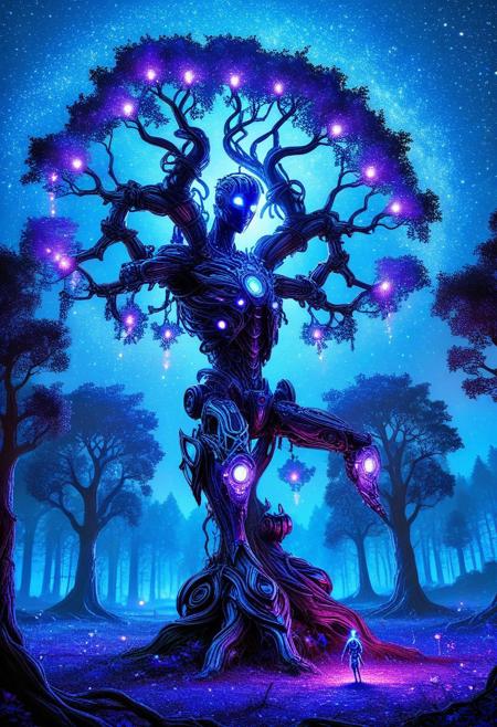 In the heart of a mystical forest, a lone sentinel stands watchful beneath the boughs of an ancient, gnarled tree. The humanoid robot, forged from dark metallic hues and glowing blue accents, sits with an air of quiet contemplation, its head tilted back to marvel at the celestial ballet unfolding above. Fireflies, like tiny lanterns, dance across the twilight sky, their soft luminescence casting an ethereal glow upon the surrounding foliage. As the last rays of sunlight fade, the ambient light shifts, embracing a palette of deep blues and purples, imbuing the atmosphere, <lora:Flux_Turbo_Alpha.safetensors:1.0> <lora:ArcaneFGTNR.safetensors:0.8> ArcaneFGTNR arcane style <lora:aidmaFLUXpro1.1-FLUX-V0.2.safetensors:0.7> aidmafluxpro1.1