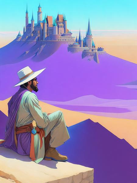 <lora:MoebiusJeanGiraud:1>a painting of a man in a purple hat sitting on a ledge in a desert with a castle in the background by Moebius Jean Giraud