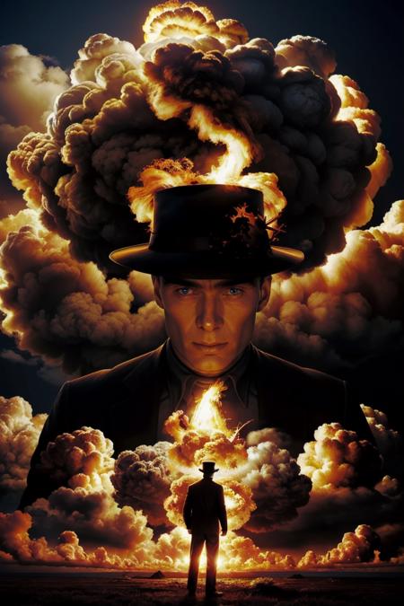 cinematic style,nuclear explosion,1boy,Cillian Murphy,silhouette,flame,solo,hat,mushroom cloud,surrounded by cloud,orange theme,outdoors,
photorealistic,masterpiece,best quality,ultra highres,beautiful and detailed skin,realistic,<lora:Oppenheimer-000000:1>,