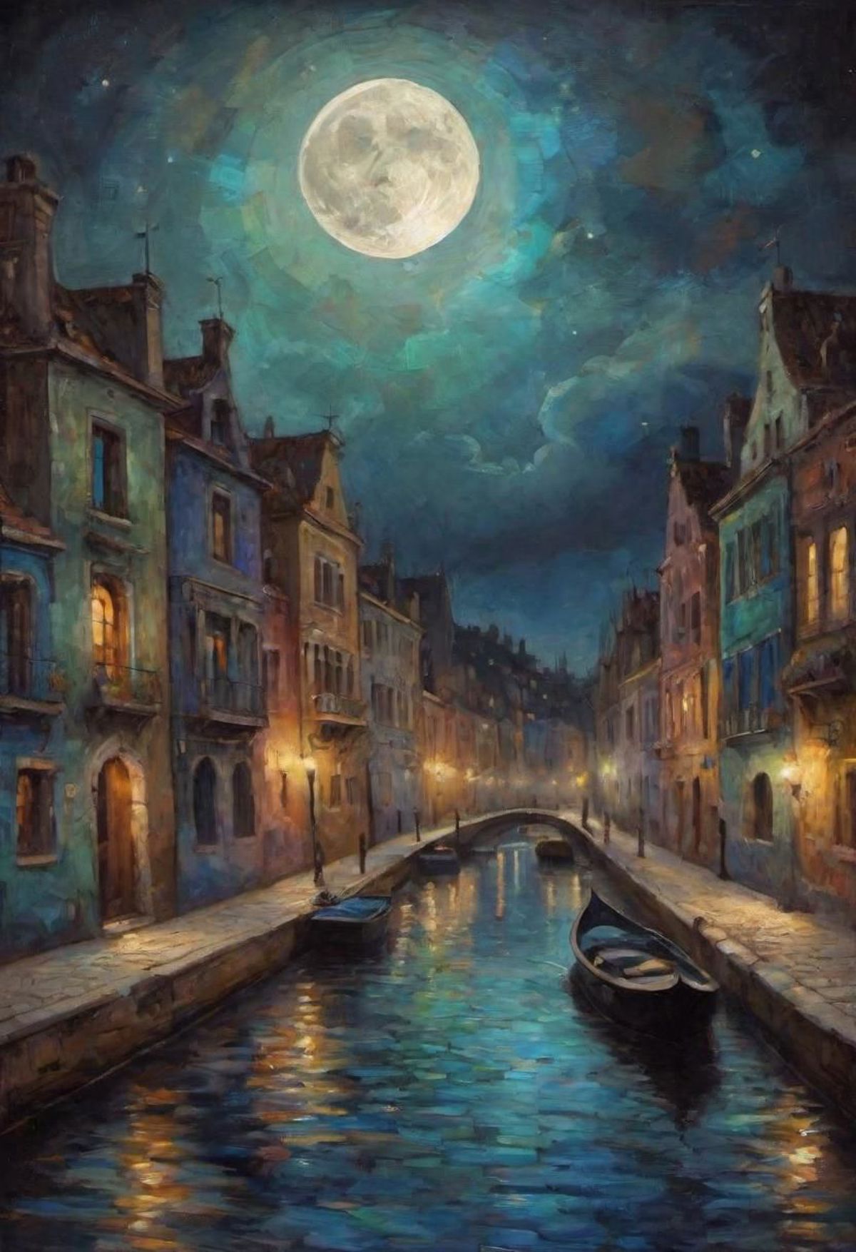 A painting of a city at night with a moonlit river and boats.