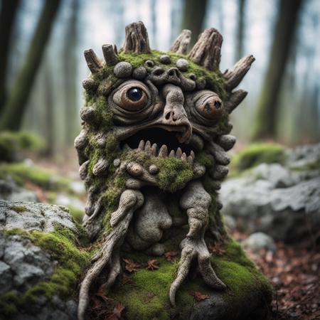 <lora:fx-monsters-xl-mrey-nocap:1> ugly disfigured monster made of rocks, moss and wood