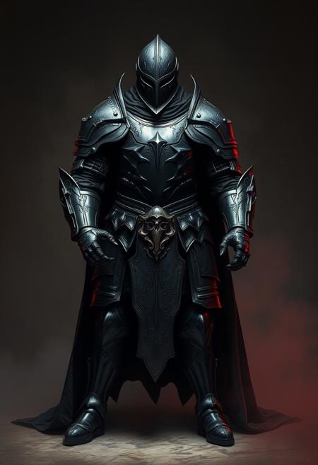 A Highly Detailed Ancient Creepy Looking Suit Of Black Knight Armor With Shadows Leaking from it