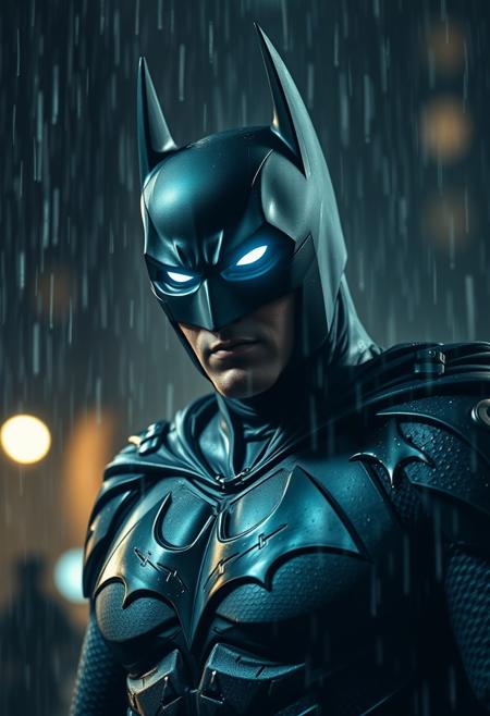 Batman in the rain at night with glowing white eyes. Hyper realistic, powerful lighting
