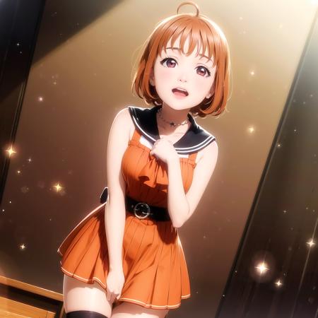 1girl, solo,(best quality),(masterpiece:1.1),orange (school uniform:1.4),dress, looking_at_viewer, neck_ribbon, smile, studio background, cute, clear facial skinbare shoulders, water,cinematic angle,thigh gap,cleavage,revealing,see-through,professional lighting,thighhighs,sailor collar,necklace,