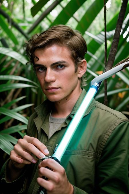 raw photo of a man, (short hair), in a jungle paradise, in a stunning suit, holding a lightsaber, extreme close up, 8k uhd, fujifilm xt3