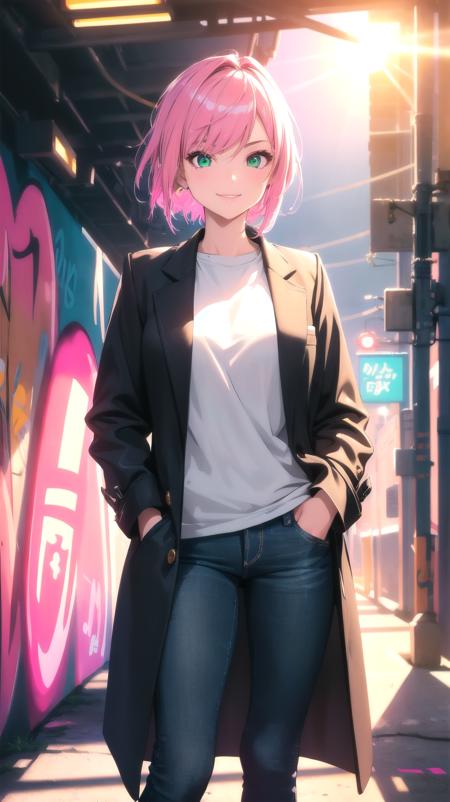 ((ultra detailed,ultra high res,detailed background)),1girl,white shirt,black overcoat,jeans,hands in pocket,short hair,pink hair,seductive smile,garage, Graffiti, glowing neon lights, rim light, lens flare, moody lighting, Fresnel light, night light, Tyndall effect, light leaks,