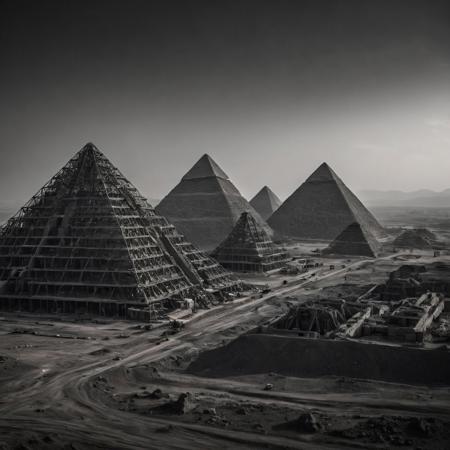 Create an impressive photo of modern-day pyramids under construction. The scene should evoke a sense of awe and futuristic wonder, combining ancient architectural grandeur with advanced extraterrestrial technology.
deep Blacks, very detailed, atmospheric haze, Film grain, cinematic film still, shallow depth of field, highly detailed, high budget, cinemascope, moody, epic, OverallDetail,