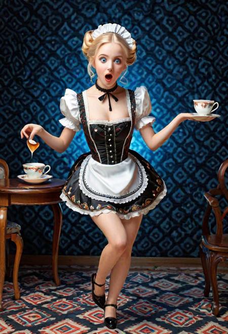 ghostly midnight serenade, faceplant, biscuits and teacups thrown in the air,  moonlight edgelighting,surreal digital art pulsating works of art that capture the essence of Zarabi's design, silk motherhood trace pattern, sexy, android fembot in porcelain doll armour, 19 years old, ukrainian maid hostess tripping forward spilling tea, detailed patterns, intricate weavings, rich colors, in moment action shot, funny comedic, adrr-zrb, perfect face with surprised expression, beautiful, glossy red lips, petite, demure demeanor, aesthetic, beautiful, big eyes, blue iris, long blonde hair updo, oily shiny skin, black lace choker, romantic lighting., vector svg style, cute anime cheerful pose, inviting expression, motion lines, tripping forward, dropping, motion lines