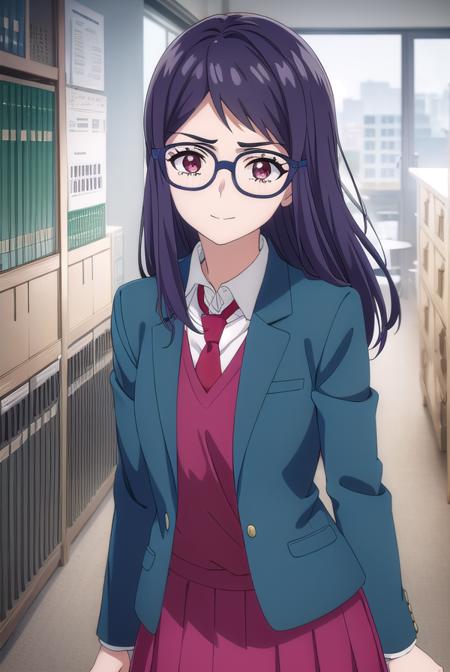 chizuru nakamura, long hair, black hair, (red eyes:1.3), glasses, skirt, school uniform, jacket, pleated skirt, necktie, blazer, red necktie, purple skirt, (aqua blazer:1.2),