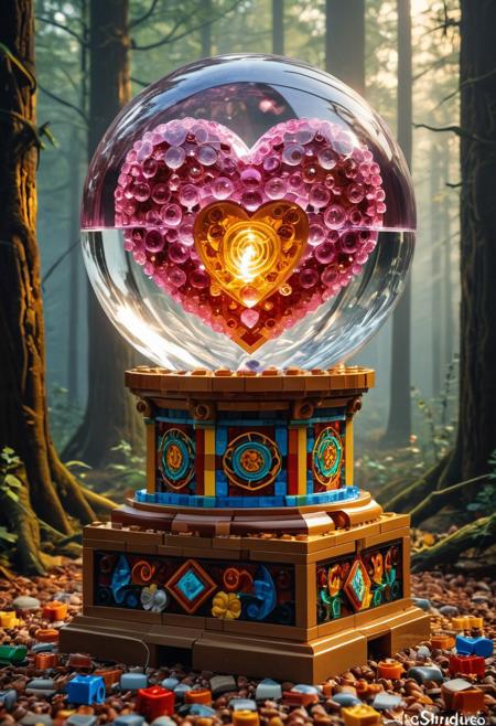 LEGO, (masterpiece, best quality, highres:1.2), (photorealistic:1.2), (intricate and beautiful:1.2), (detailed light:1.2), (colorful, dynamic angle),
A hyper-realistic close-up of a crystal ball, resting on a weathered colorful LEGO pedestal, pedestal made of LEGO, pedestal is carved with intricate runes, runes glowing faintly in amber, detailed,
BREAK inside the crystal ball, a floating pink heart made of LEGO, electricity appears to shock the heart from the edges of the crystal ball, with subtle flickers of light illuminating the swirling smoke patterns,
BREAK 1girl, mage, wearing an intricately detailed robe, v-neck robe, no bra, small breasts, holding hands over crystal ball, 
BREAK Background, Dramatic lighting, rolling fog, intense highlights, deep shadowy contrasts, creating a powerful, moody atmosphere, Hyperdetailed textures, glowing ember effects, intricate reflections, in a spooky forest, depth of field
Style: Whimsical,
Color Palette: Warm, inviting colors; golden browns, 
Lighting: Soft and warm lighting to enhance the coziness
Aesthetic: Fun, charming, and delicious