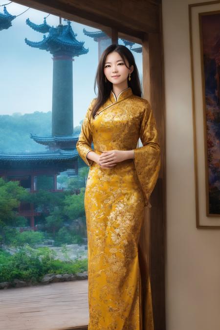 Masterpiece, highest quality, 8k, hdr, (head to toe:1.4), RAW digital establishing shot of a young chinese woman standing proudly, well-endowed, stunning body and face, smiling mysteriously at viewer, expensive traditional clothes, hair adornments, discrete jewelry, imperial city, intricate details, at dusk, lighting from lanterns and sunset coming from outside the frame, realistic lighting, dynamic colors from lighting, hyperrealistic