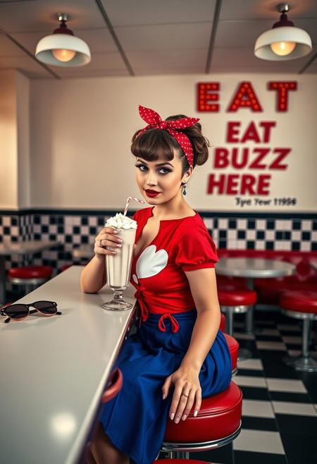A vibrant, retro 1950s American diner interior with black-and-white checkered floors and red leather stools. A stylish pin-up girl sits at the counter, sipping a tall milkshake with whipped cream and a cherry on top. She has a vintage hairstyle with bangs and an updo wrapped in a red bandana tied in a bow. Her makeup includes bold red lipstick and winged eyeliner. She is wearing a red short-sleeve blouse with a white heart print, tied at the waist, and a pleated royal blue midi skirt. She gazes playfully at the camera, elbow resting on the counter, with a relaxed and confident expression. A pair of vintage sunglasses rests beside her on the counter.
On the wall behind her, bold vintage lettering reads: “EAT BUZZ HERE” in red, with smaller black text underneath, slightly blurred, in a classic diner font. The atmosphere is cheerful, nostalgic, and flirty, with soft overhead lighting and a classic Americana vibe. The image should feel like a stylized magazine ad or pin-up poster.
Style: Retro Pin-Up, 1950s Americana, High-resolution, Soft lighting, Vibrant colors