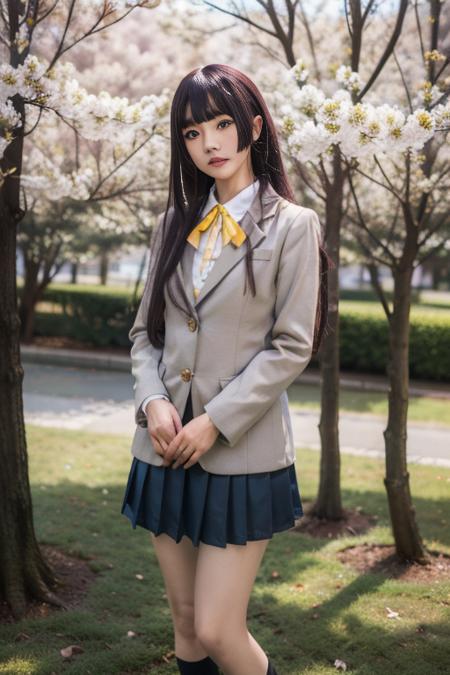 ultra-detailed,highly detailed,best quality,masterpiece,illustration,
gokou ruri, 1girl, solo,  cosplay, school uniform, 
 very long hair, blunt bangs, straight hair,  hime cut, coat, collared shirt,  yellow ribbon, 
socks, pleated skirt, long sleeves,blazer,
outdoors,tree, cherry blossoms, standing, looking at viewer,autumn,cowboy shot, 
 <lora:gokou ruri_v1_06:0.7>