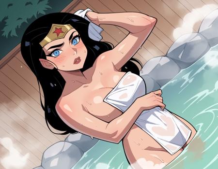 diana prince, blue eyes, black hair, cleavage, bare shoulders, jewelry, star \(symbol\), leotard, star print, superhero,