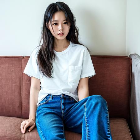 1girl,solo,best quality, masterpiece, 8k,raw photo, photo \(object\), extremely detailed, raw,realistic,sitting, looking at viewer,jeans,white t-shirt,long hair,black hair, couch,