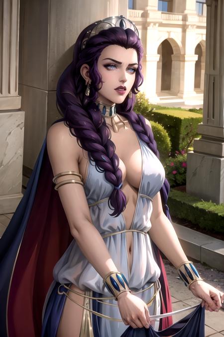 masterpiece, best quality,  (upper body:0.5), solo,     <lora:CARTOON_Hera_bloodofzeus_aiwaifu-10:0.7>,      Hera_bloodofzeus_aiwaifu,aiwaifu,long_hair,jewelry,earrings,makeup,lipstick,blue_eyes,braid,purple_hair,breasts,dress,bracelet,single_braid,eyelashes,hoop_earrings,cape,very_long_hair,cleavage,eyeshadow,armlet,two-tone_hair,choker,asymmetrical_hair,long_skirt,side_slit,armband,bangle,blue_dress,                realistic, photo-realistic,specular details,ultra-detailed, highly detailed, well defined objects,  8k uhd, dslr, soft lighting, high quality, Fujifilm XT3, (high detailed skin:0.3), (absurdres, highres, incredibly_absurdres:0.2),scenery,masterpiece,