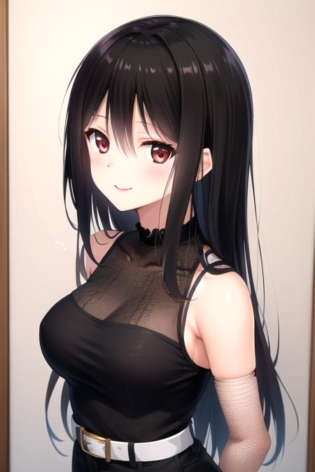 ((masterpiece)),(best quality),official art,extremely detailed CG,unity 8k wallpaper,ultra detailed,beautiful detailed eyes,extremely detailed face,1girl,solo,upper body,(portrait:1.5),looking at viewer,facing viewer,smile,standing,Hikami Ayame(unoneno),very long hair,black hair,straight hair,hair between eyes,bangs,red eyes,black shirt,fishnet shirt,long sleeves,large breasts,white belt,taut shorts,short shorts,black shorts,black pantyhose,pantyhose under shorts,loafers,<lora:Hikami Ayame(unoneno):0.9>,