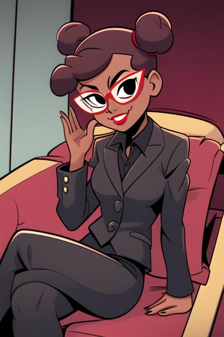 <lora:april_rtmnt:0.7>  masterpiece, best quality, 1girl, solo, smile, short hair, dark skin, black eyes, double bun, makeup, glasses, lipstick, dot pupils, indoors, red background, couch, sitting, crossed legs, black suit, black jacket, collared shirt, long sleeves,